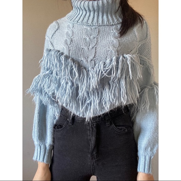 BABY BLUE KNIT SWEATER W/ FRINGE - Picture 2 of 6